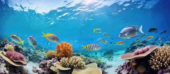 Obraz na płótnie Canvas A school of colorful tropical fish is seen swimming over a vibrant coral reef in the clear waters. The fish move gracefully, their scales shimmering in the sunlight as they weave through the coral