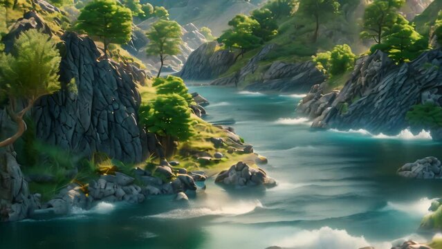 river water flows. 4k video animation