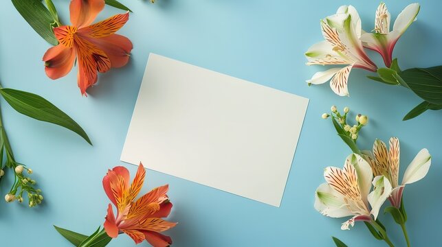Festive postcard mock up on blue background with alstroemeria and aistra flowers. Top view. 1st of September and back to school mock up concept. High quality photo,generative ai, 