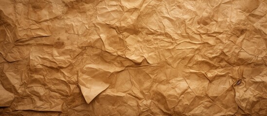 Fototapeta premium Detailed close-up view of a textured brown paper with a vintage, old appearance. The paper is crumpled, adding character and charm to any design project.