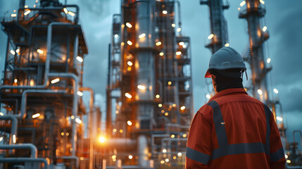 an engineer manager standing in front of oil refinery building structure in heavy petrochemical industry.