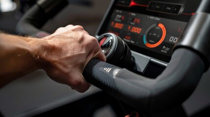 A closeup of a hand gripping onto the handlebars of an advanced indoor cycling bike with a digital display showing realtime metrics such as cadence and resistance level.