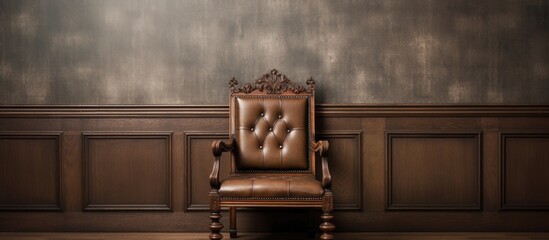 An antique oak chair is placed in a room with a wall painted brown. The chair is a classic piece of furniture made in England, adding a touch of elegance to the rooms decor.