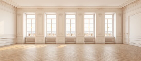 A large room is displayed with white walls and wooden floors. The room appears empty, devoid of any furniture or decoration, providing a clean and minimalist aesthetic.