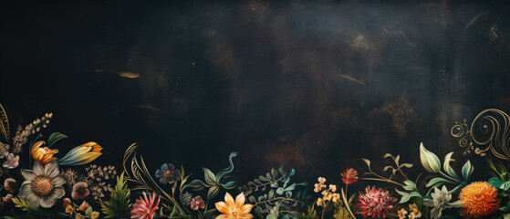 Blank chalkboard mockup with colorful floral chalk patterned on the edges and wooden frame