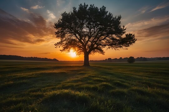 tree at sunset HD 8K wallpaper Stock Photographic Image Generative AI
