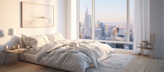 A spacious bedroom inside a modern apartment with a comfortable bed placed in front of a large window offering a panoramic view of the cityscape.