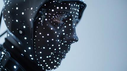 A person wearing a motion capture suit with small reflective dots covering face and body preparing for 3D scanning and modelling.