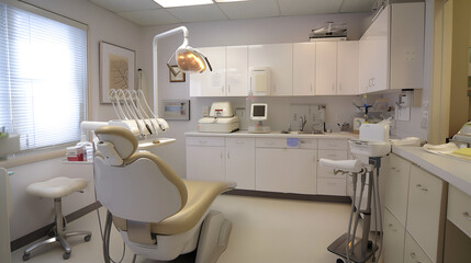 A white and bright empty dental office with a blue chair. The room is well cleaned modern. Warm beige color tone.