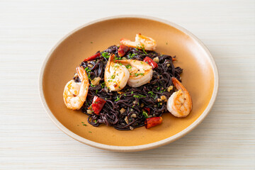 stir-fried black spaghetti with garlic and shrimps