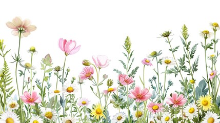 Obraz na płótnie Canvas flowers of bell, maiden pink, daisy and meadow buttercup at white background, floral composition, hand drawn botanical illustration,generative ai, 