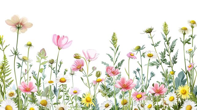 flowers of bell, maiden pink, daisy and meadow buttercup at white background, floral composition, hand drawn botanical illustration,generative ai, 