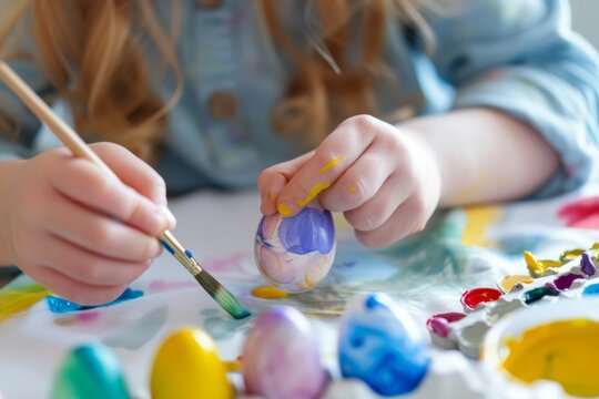 A young girl is painting a yellow and blue egg