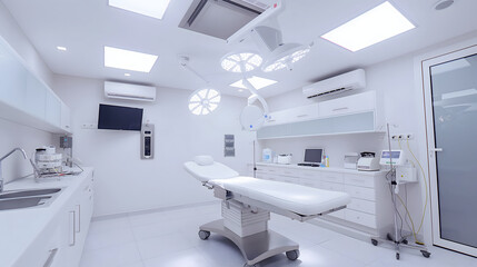 An operation room with a large surgical bed with white sheets. The room is clean and sterile, with a bright light overhead. Scene is serious and professional.