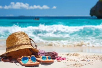 Straw hat, bag, sun glasses and flip flops on a tropical beach. generative ai. - obrazy, fototapety, plakaty