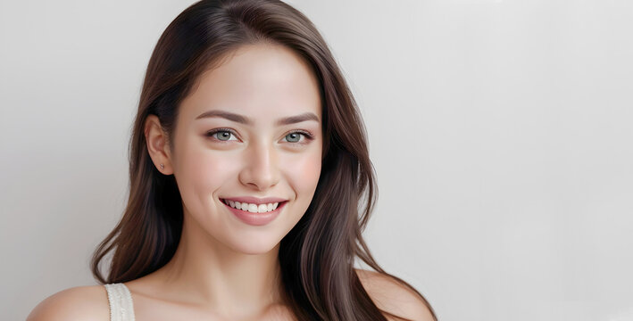 Asian girl with perfect clean skin isolated in studio background with copy space. Rejuvenation, skin care, dermatology and cosmetics.