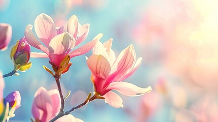Flowers of pink Magnolia on blue sky background. Magnolia flowers in spring with blue sky background and with buds. International Womens or Women day concept. Best picture for banners and cards. - obrazy, fototapety, plakaty