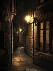 The soft light from a street lamp reflects off wet paving stones in a historic alley, offering a quiet moment of urban solitude.