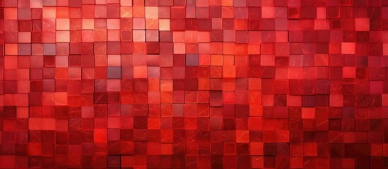 A red wall covered in small square tiles arranged in a mosaic pattern, creating a visually striking and textured surface.