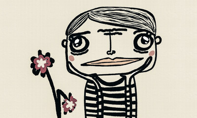 A boy with a sad face and withered flowers