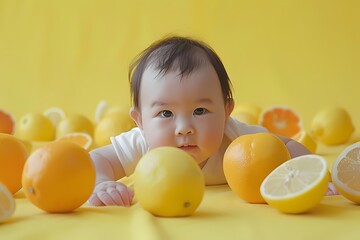 Surrounded by a solid lemon yellow canvas, the most adorable baby enjoys tummy time, displaying...
