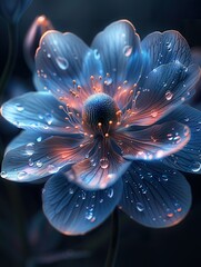 Beautiful blue flower, light petals, iridescent opalescent colours, dark background