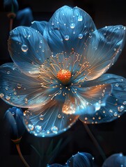 Beautiful blue flower, light petals, iridescent opalescent colours, dark background