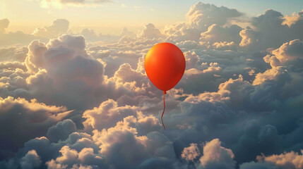 A brilliant orange balloon floating gracefully amidst fluffy clouds.
