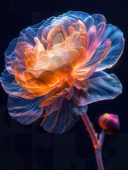 a beautiful ranunculus flower, light petals, iridescent opalescent colours, dark background