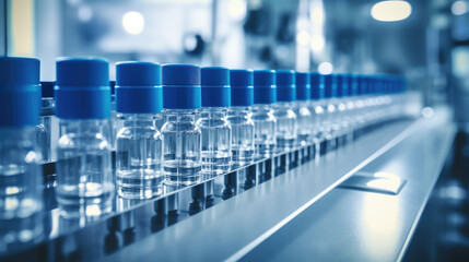 Glass vial tubes of medical medicine bottles on a production line in a pharmaceutical factory created with Generative AI Technology