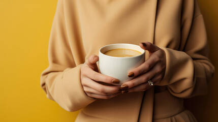 Woman's hand holding a mug cup of white cappuccino coffee in hand on a plain background created with Generative AI Technology