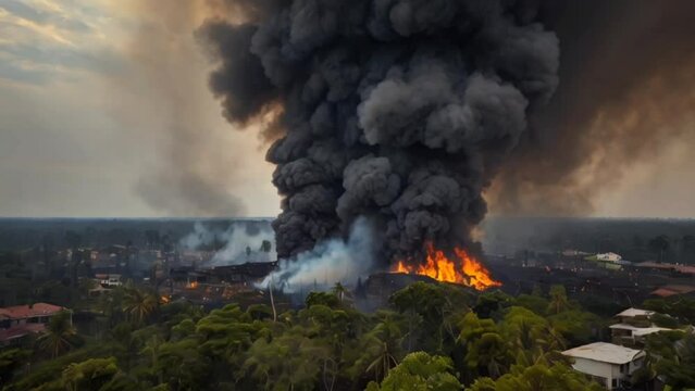 A big fire in the middle of city, heavy smoke in the air