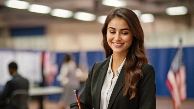 Portrait of american female poll worker. Happy beautiful young brunette woman in suit standing at US ballot station, holding clipboard, looking at camera and smiling. Voting, election concept