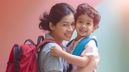 A mother helping her child put on their backpack, with details of the mother's loving expression, the child's excitement, and the pastel background.