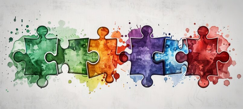 Abstract watercolor puzzle pieces symbolize connection and diversity in vibrant design.