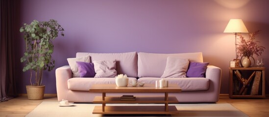 A living room with vibrant purple walls and a sleek white couch, creating a modern and chic ambiance. The contrast between the purple and white colors adds a sophisticated touch to the room.