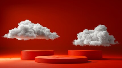 Dreamy cloud background 3d podium display stand for red product on pastel sky scene render