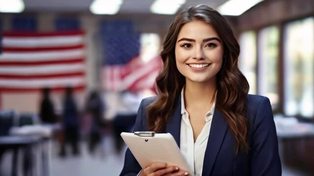 Portrait of american female poll worker. Happy beautiful young brunette woman in suit standing at US ballot station, holding clipboard, looking at camera and smiling. Voting, election concept