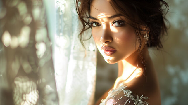 Selective focus of bride near window with sunlight on her face.
