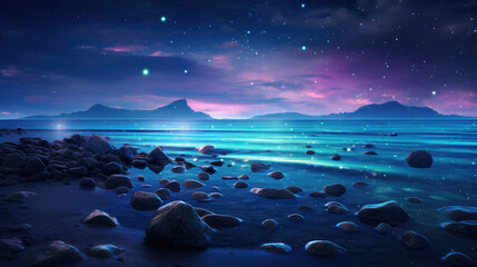 Night view of the starry sea From the coast to the horizon there is a straight path illuminated by beautiful rocks sparkling in gold, blue, purple, emerald colors