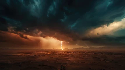 Zelfklevend Fotobehang A vast, barren landscape under a dark, stormy sky, with a single, powerful bolt of lightning striking the ground, illuminating the scene with intense light. 8k © Muhammad