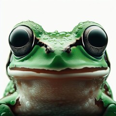 Green frog on white background closeup