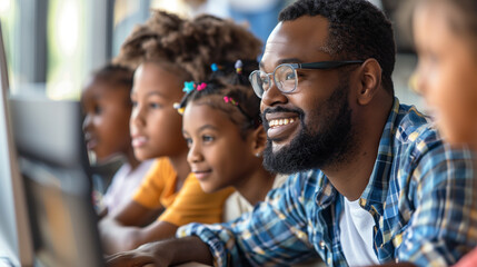 Black father invovled in his kids learning. Dad working on computer with his children.