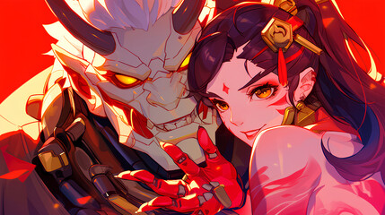 close up of Oni dragon crime lord sign and smiling anime woman