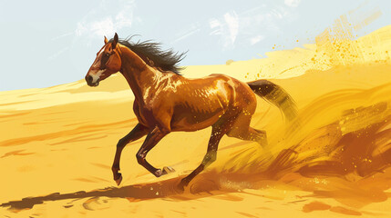 A brown Arabian horse gracefully dashing through the golden dunes, leaving a trail of dust behind.
