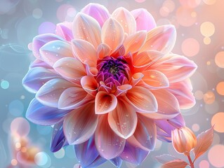 Fototapeta premium a digital photo of cinematic realism dahlia flower , Muted glow opal white color margarite, iridescent opalescent colours, dark background