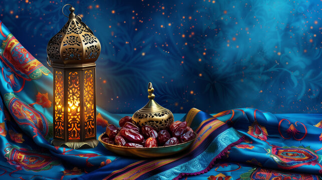 Background Lantern  dish of dates and Qur'an on Ramadan colorful fabrics 