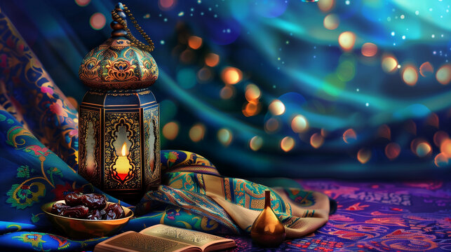 Background Lantern  dish of dates and Qur'an on Ramadan colorful fabrics 