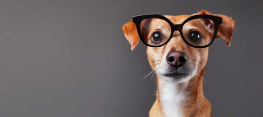 Intelligent dog wearing large black glasses on grey background with copy space - obrazy, fototapety, plakaty