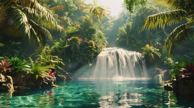 A vivid, lush tropical scene featuring a waterfall and lush greenery all around, lighted by the midday sun and creating reflections in the water. 